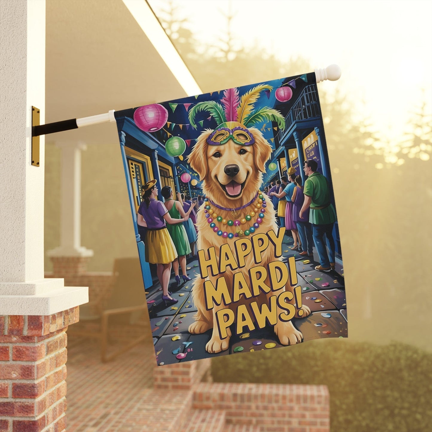 Golden Retriever Mardi Gras Paws Garden Flag