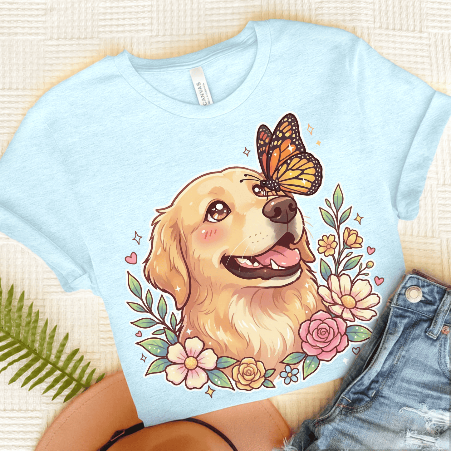 Golden Retriever Monarch Butterfly Unisex Tshirt Heather Ice Blue
