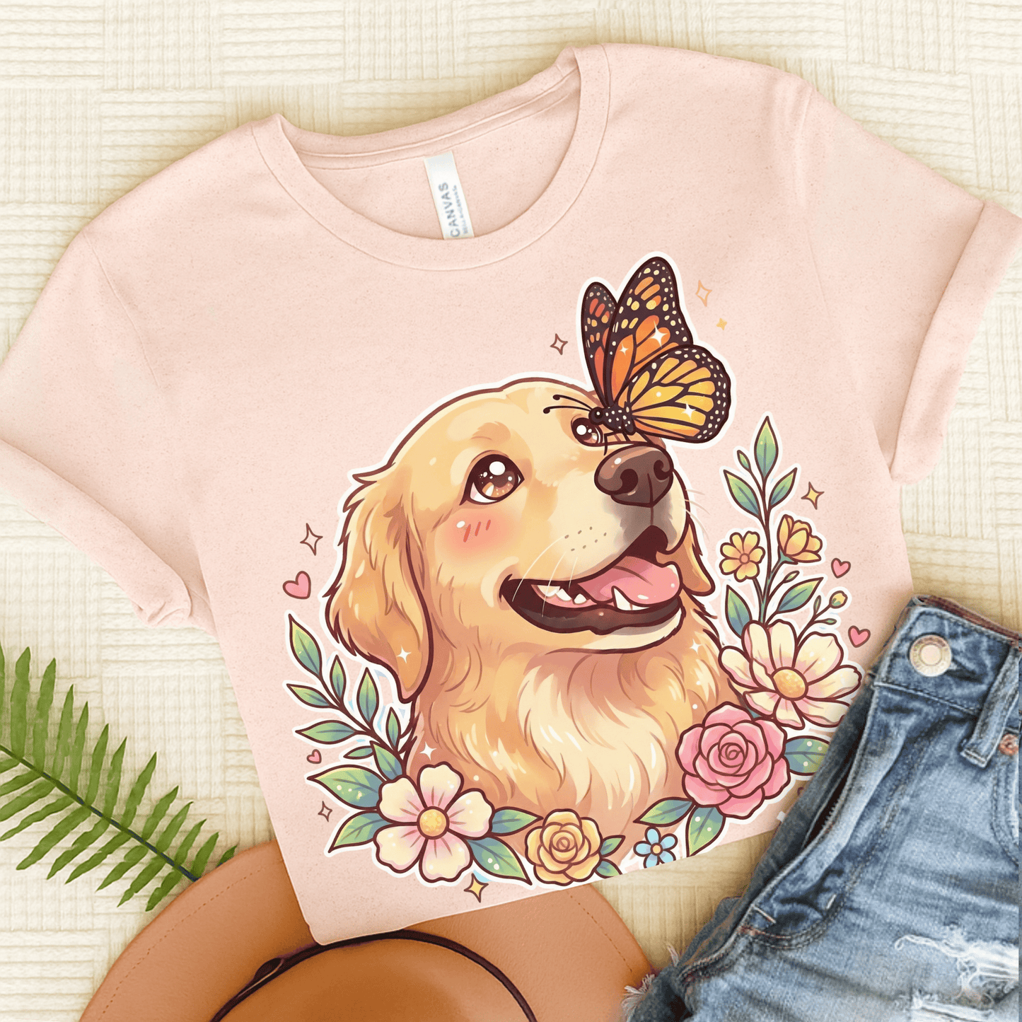 Golden Retriever Monarch Butterfly Unisex Tshirt Soft Pink