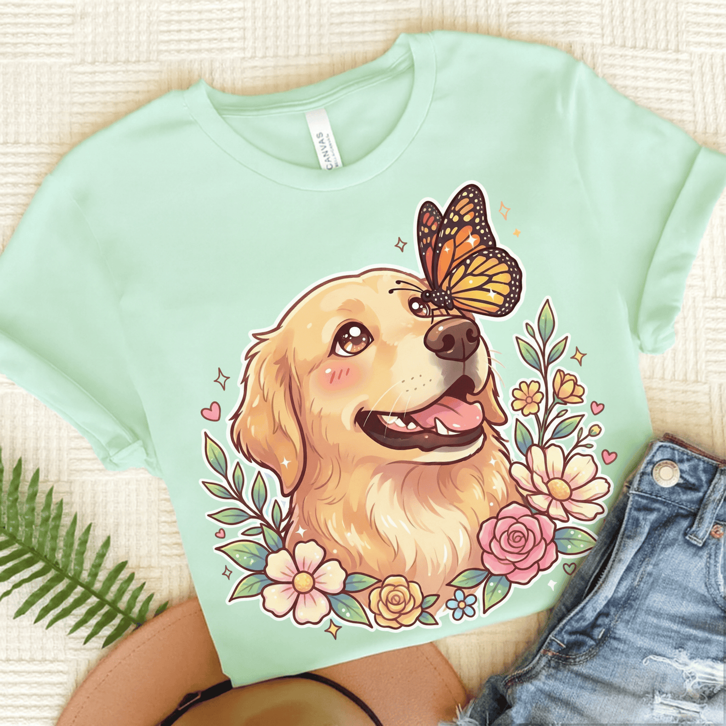 Golden Retriever Monarch Butterfly Unisex Tshirt Heather Mint