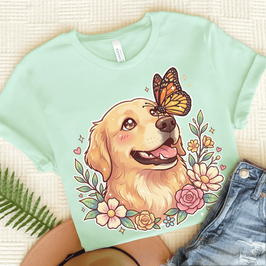 Golden Retriever Monarch Butterfly Unisex Tshirt Heather Mint