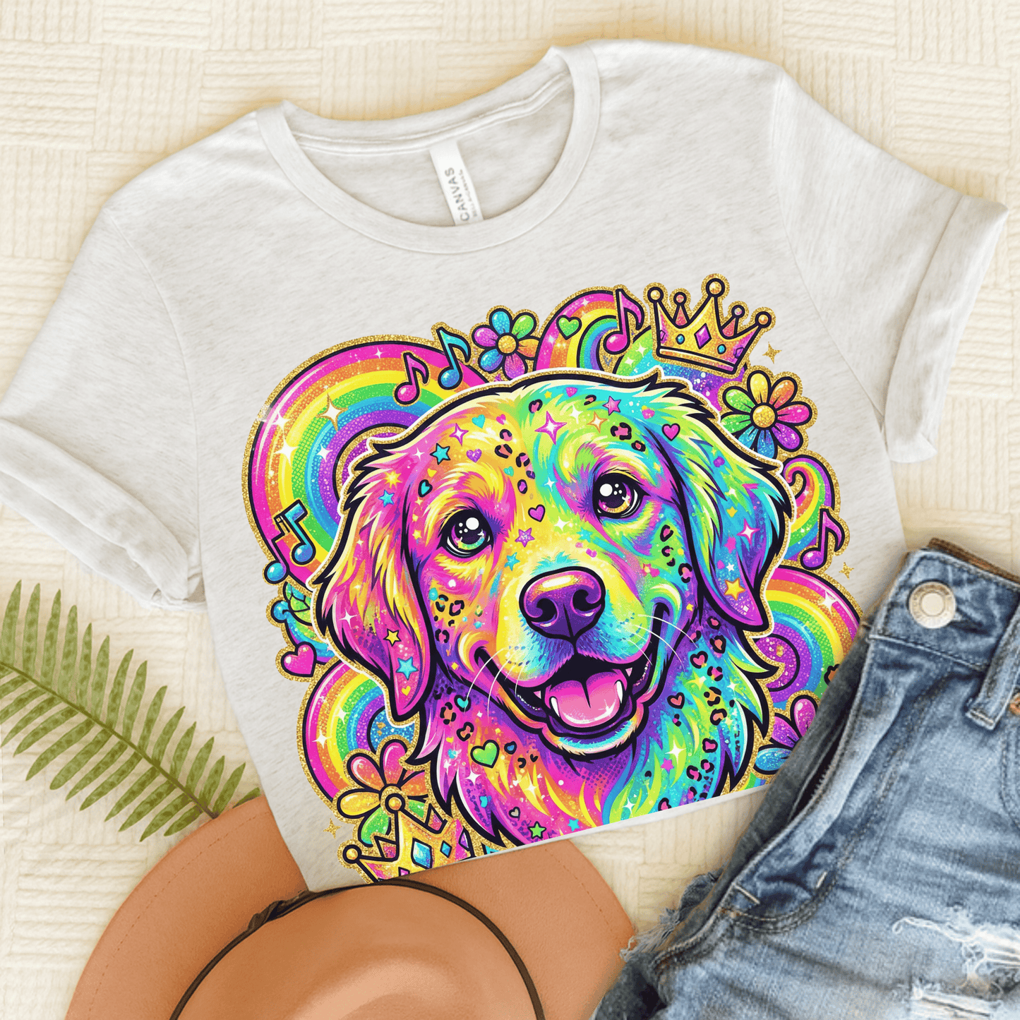 Golden Retriever Neon 90s Retro Unisex Tshirt Ash