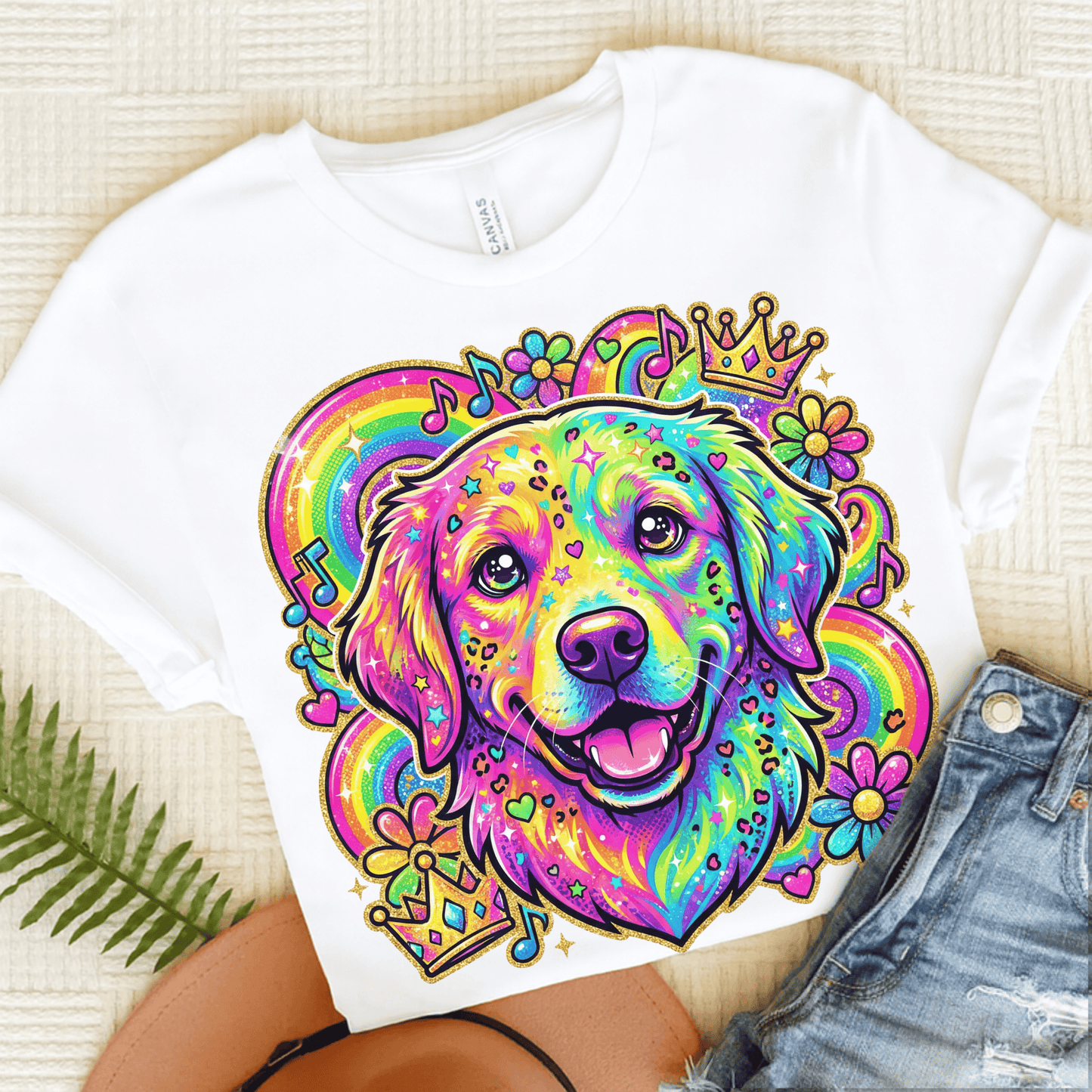 Golden Retriever Neon 90s Retro Unisex Tshirt White