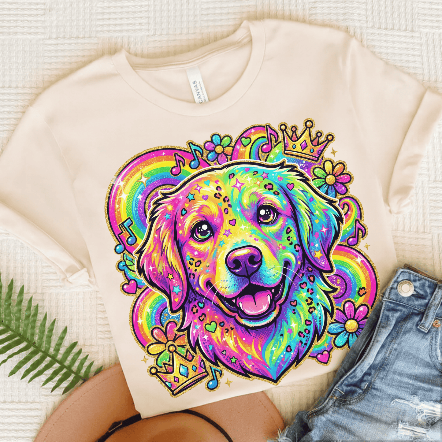 Golden Retriever Neon 90s Retro Unisex Tshirt Natural