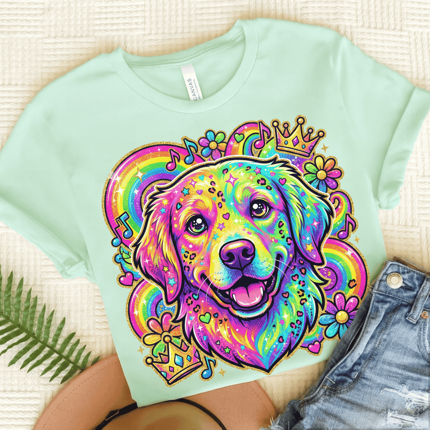 Golden Retriever Neon 90s Retro Unisex Tshirt Heather Mint
