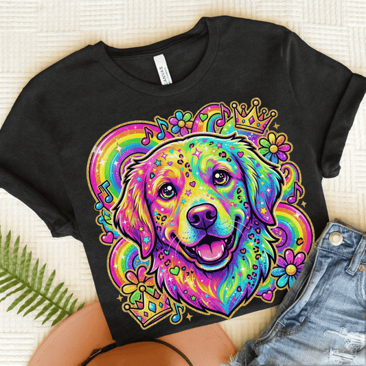 Golden Retriever Neon 90s Retro Unisex Tshirt Dark Grey Heather