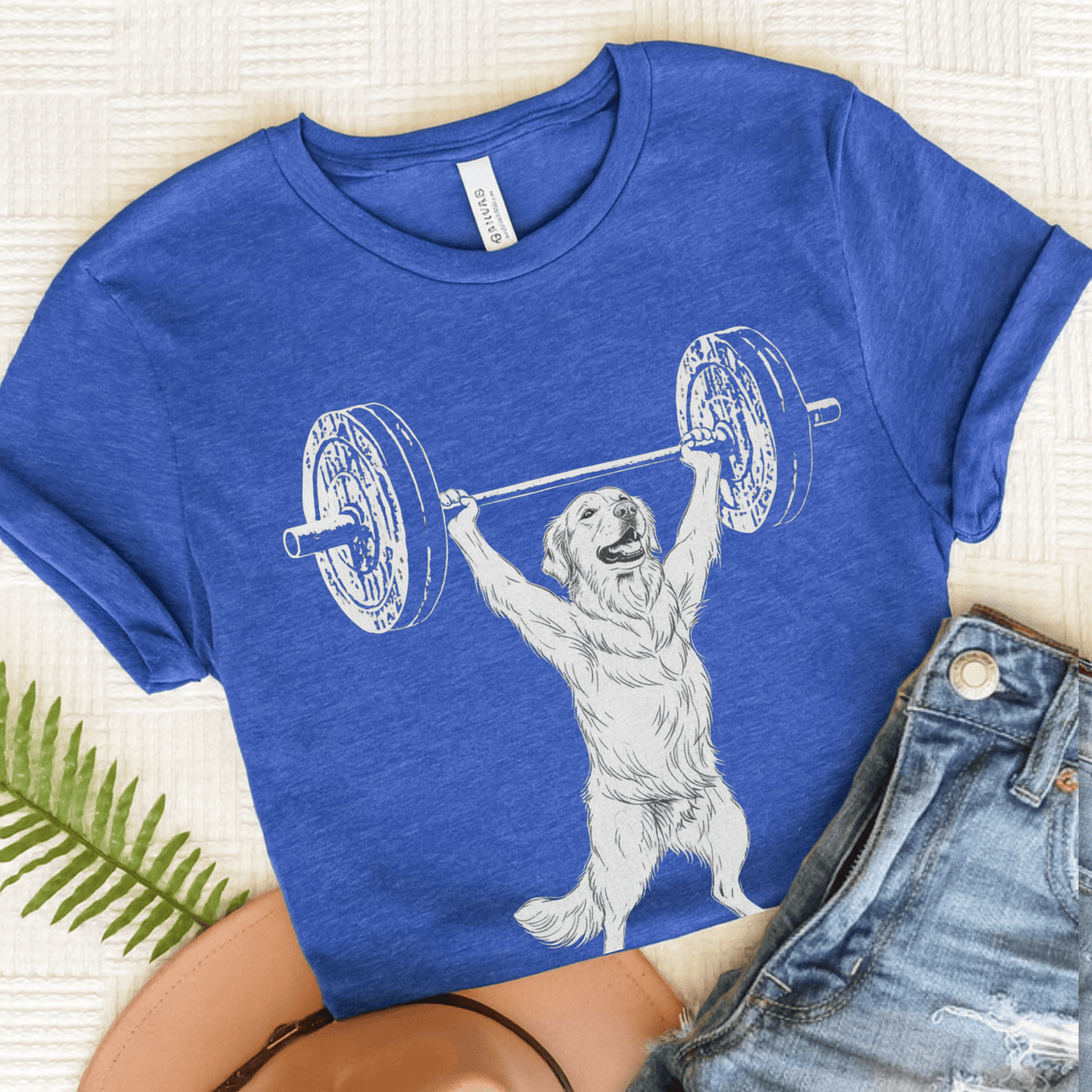 Golden Retriever Pumping Iron Unisex TShirt Heather True Royal