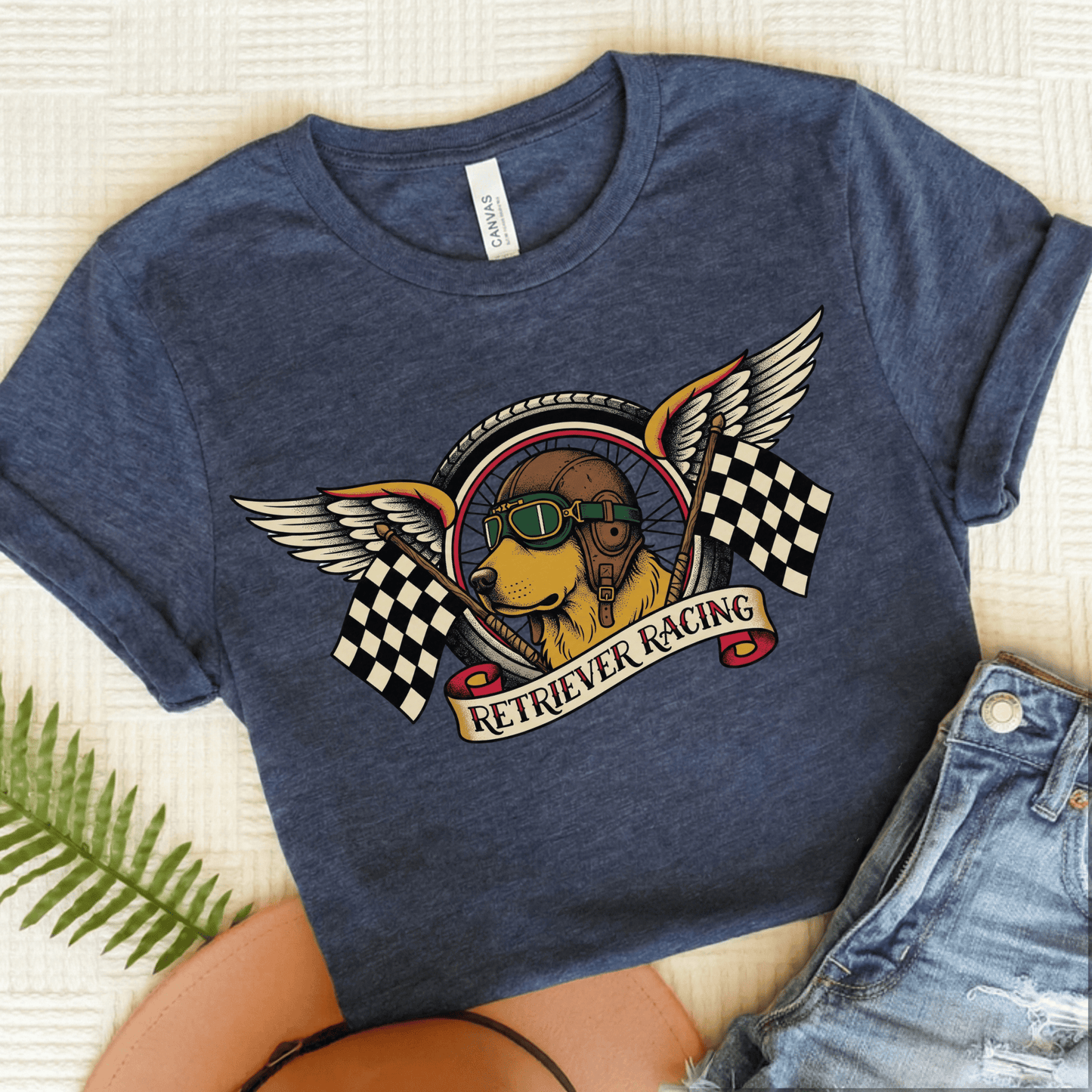 Golden Retriever Racing Race Car Unisex TShirt Heather Navy