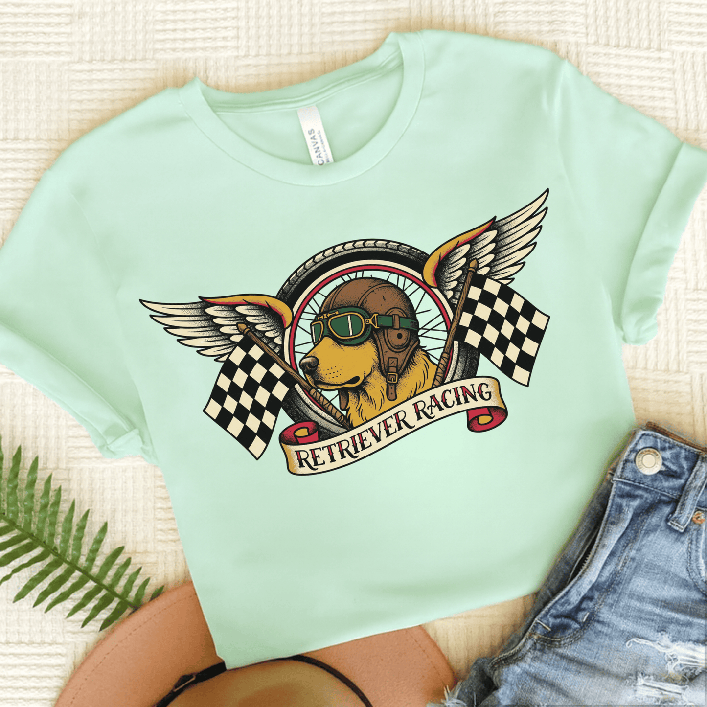 Golden Retriever Racing Race Car Unisex TShirt Heather Mint