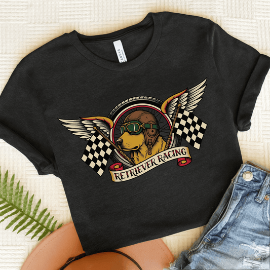 Golden Retriever Racing Race Car Unisex TShirt Dark Grey Heather
