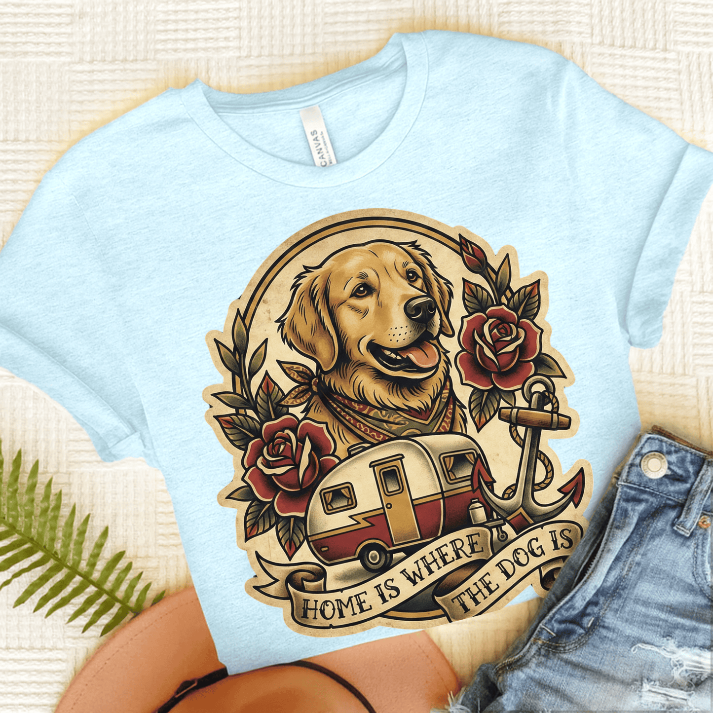Golden Retriever RV Roadtrip Travel Unisex TShirt Heather Ice Blue
