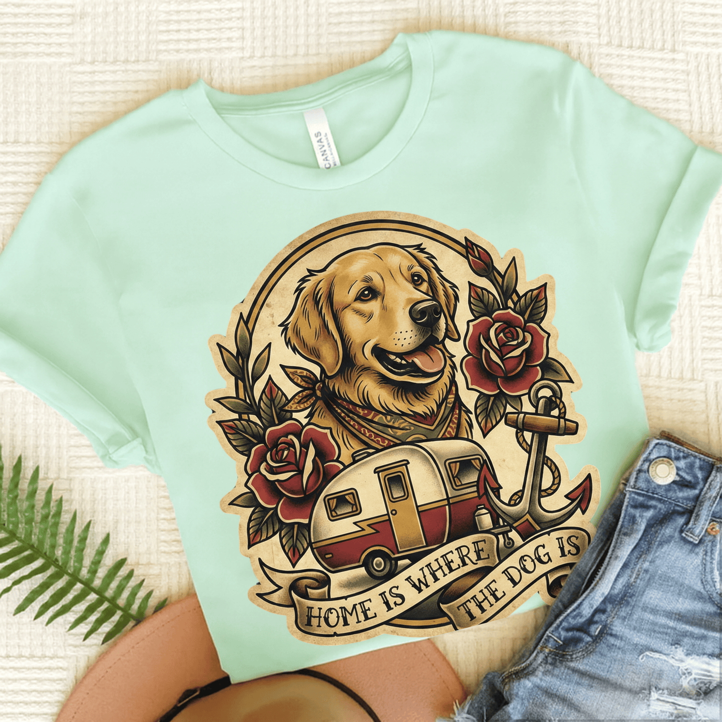 Golden Retriever RV Roadtrip Travel Unisex TShirt Heather Mint
