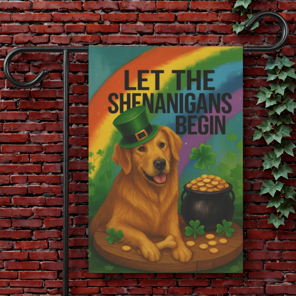Golden Retriever Shenanigans Garden Flag 12'' × 18''