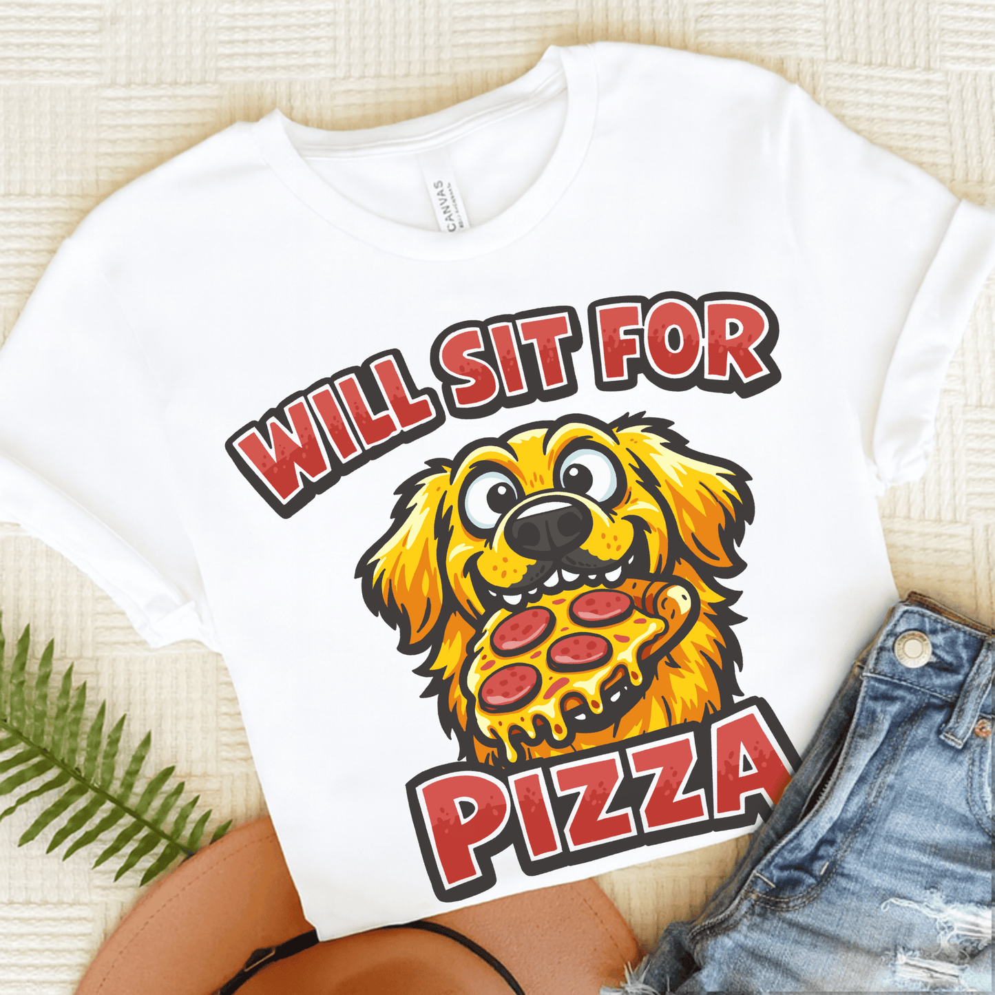Golden Retriever Sit for Pizza Unisex Tshirt White