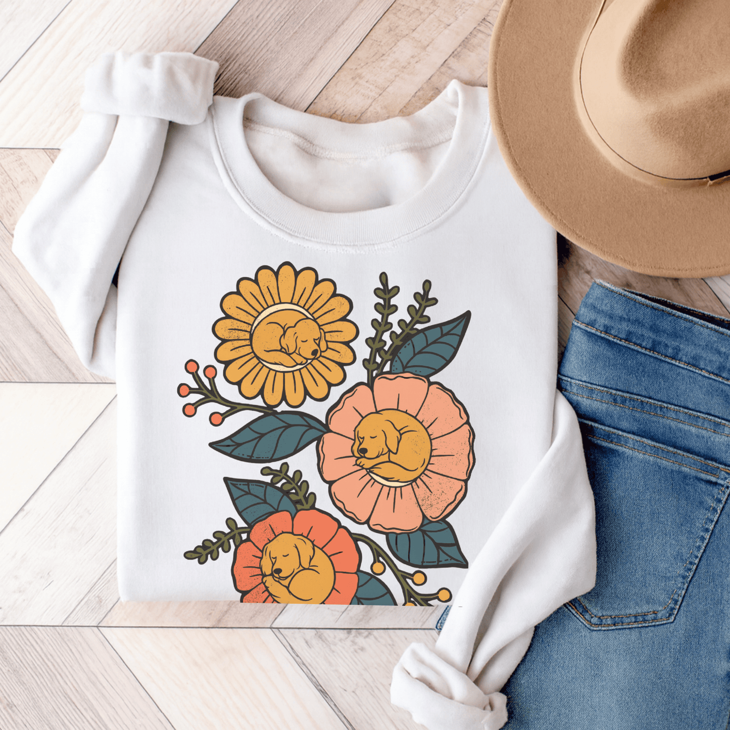 Golden Retriever Sleeping Flowers Unisex Sweatshirt White