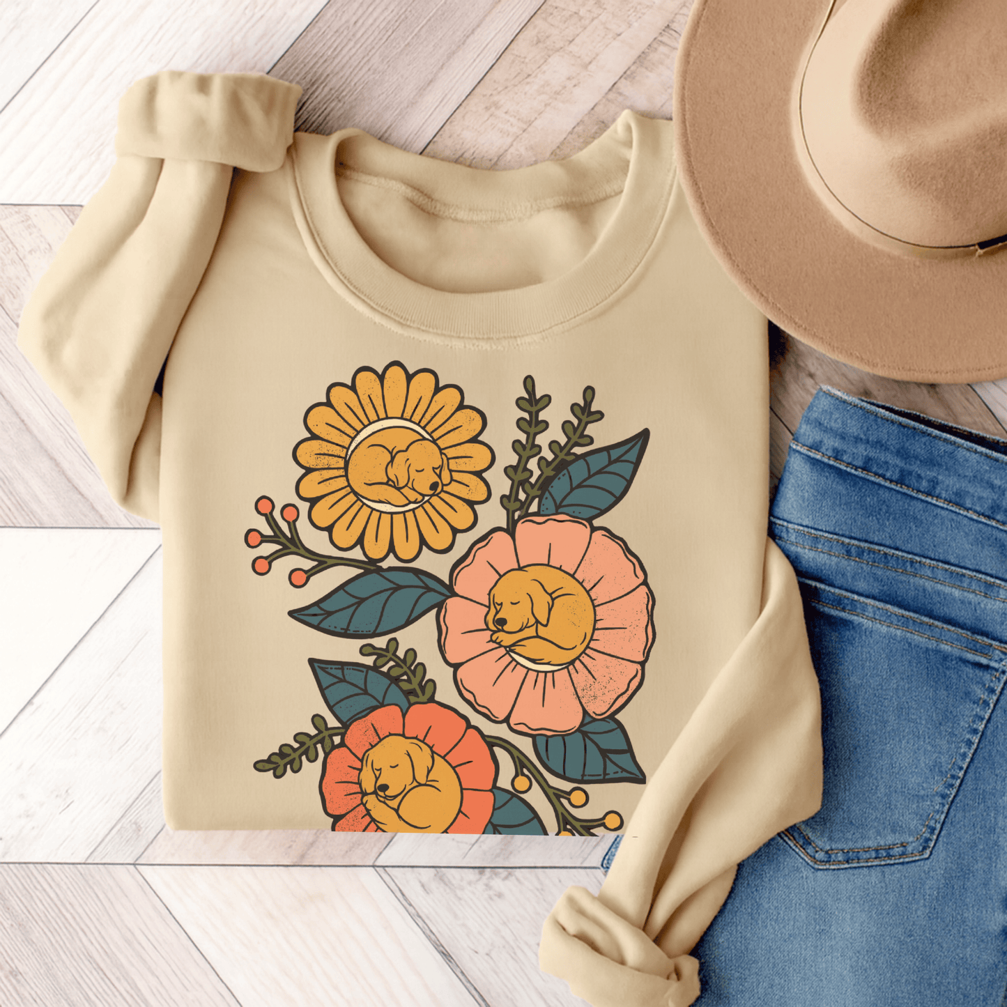 Golden Retriever Sleeping Flowers Unisex Sweatshirt Sand