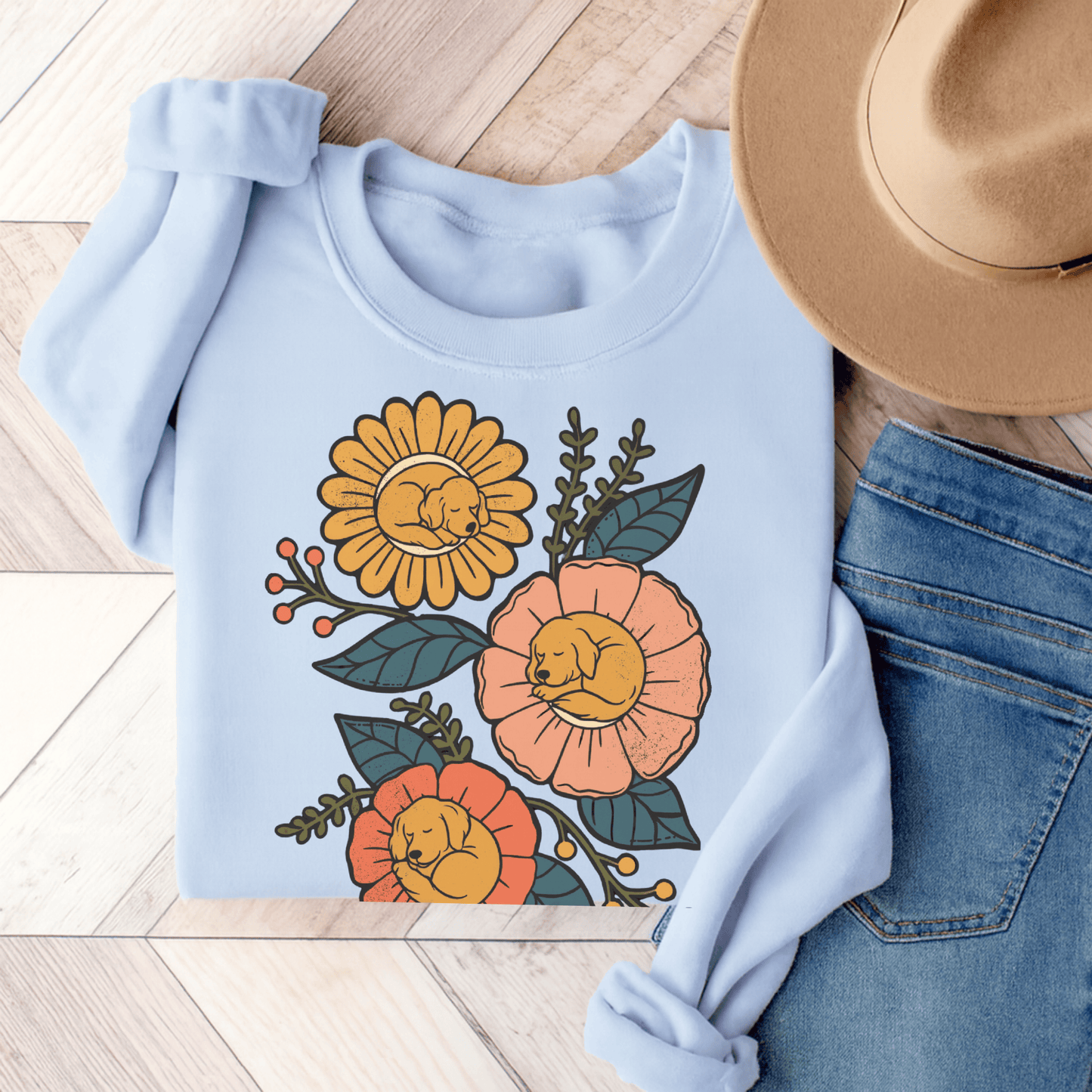 Golden Retriever Sleeping Flowers Unisex Sweatshirt Light Blue