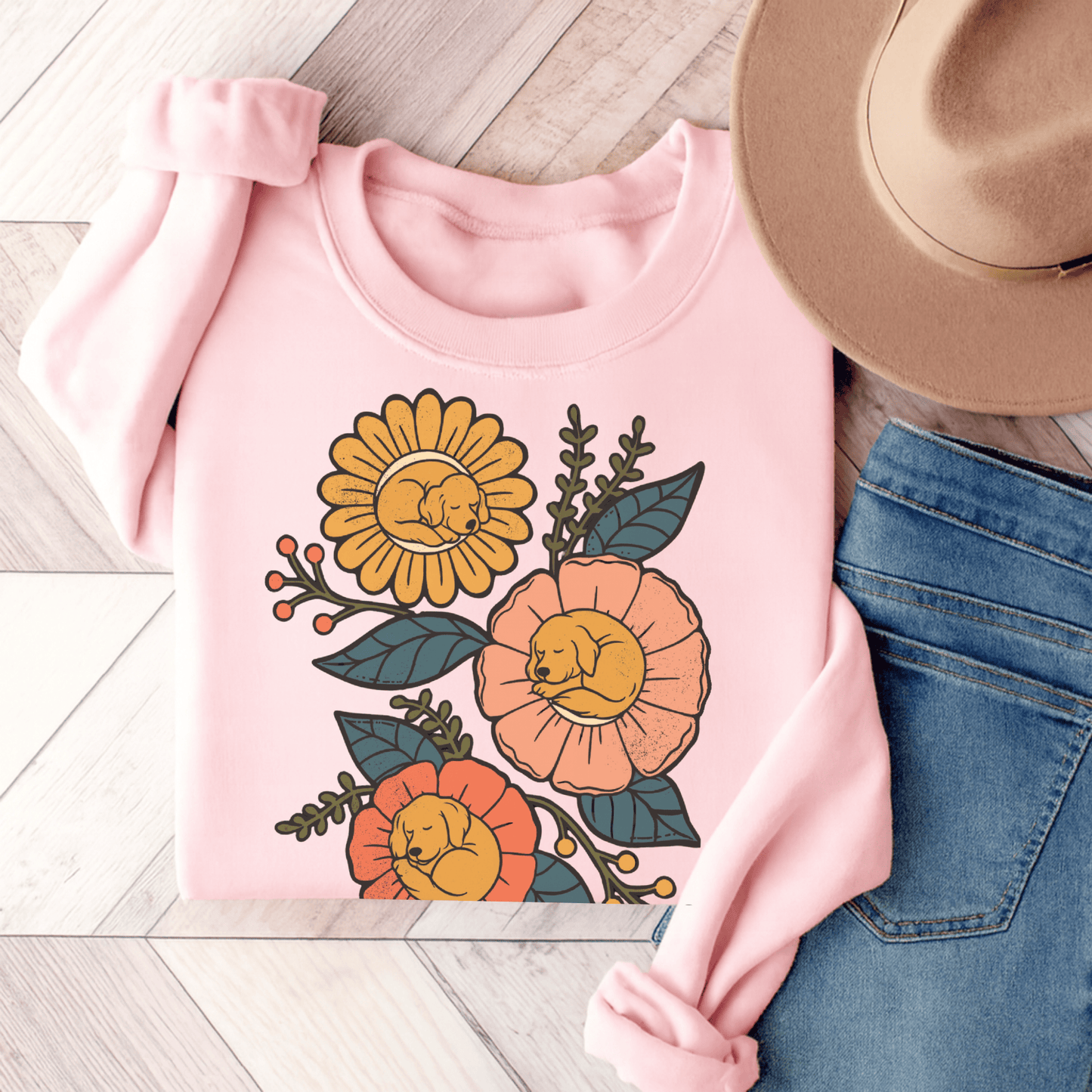 Golden Retriever Sleeping Flowers Unisex Sweatshirt Light Pink