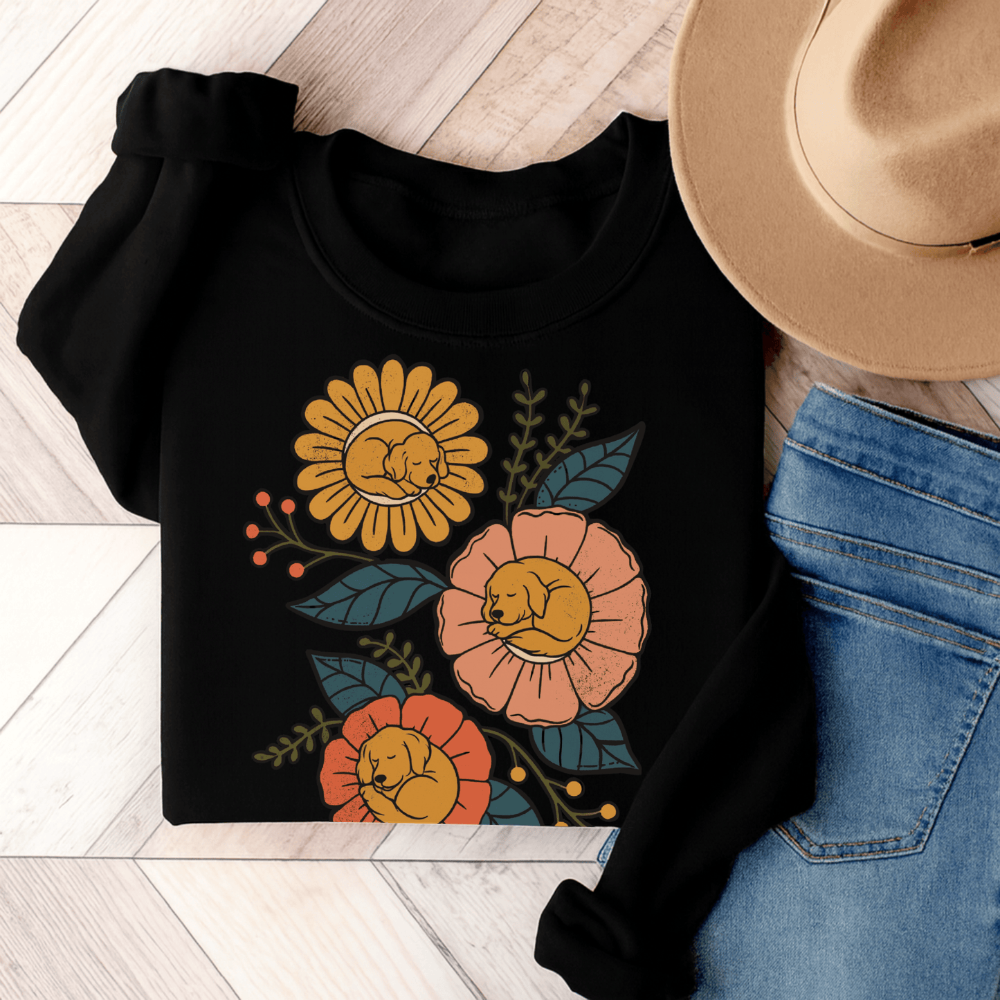Golden Retriever Sleeping Flowers Unisex Sweatshirt Black