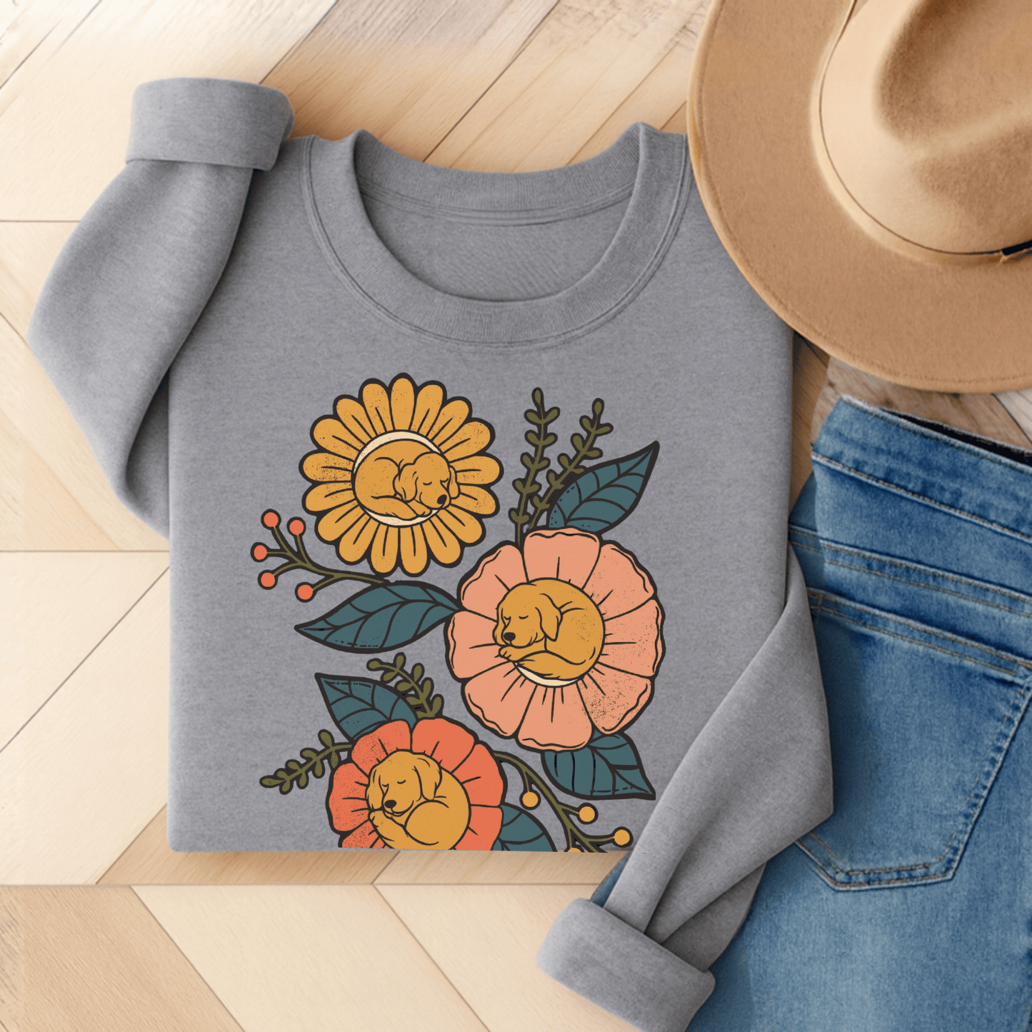 Golden Retriever Sleeping Flowers Unisex Sweatshirt Sport Grey