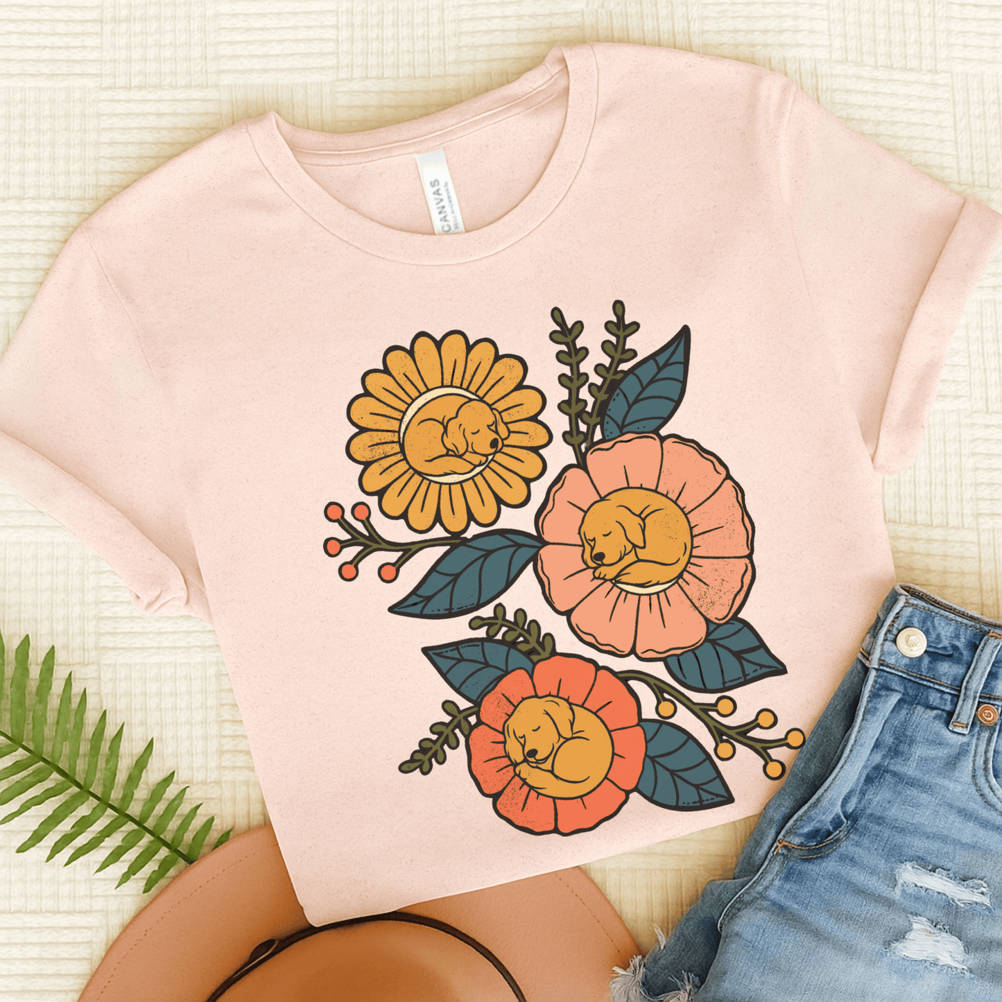 Golden Retriever Sleeping Flowers Unisex TShirt Soft Pink
