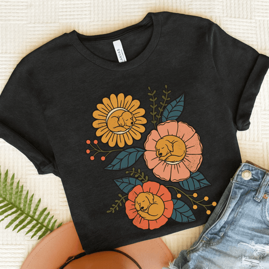 Golden Retriever Sleeping Flowers Unisex TShirt Dark Grey Heather