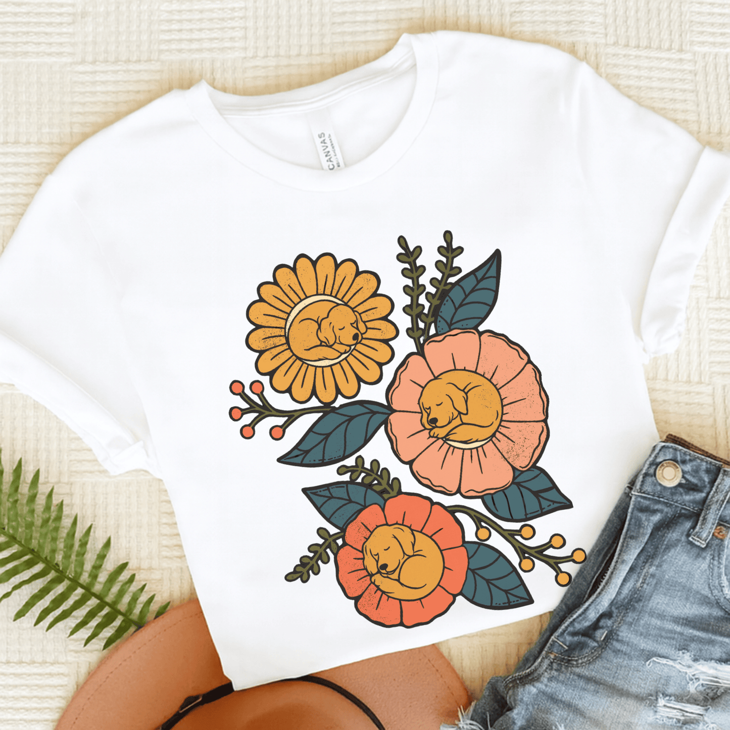 Golden Retriever Sleeping Flowers Unisex TShirt White
