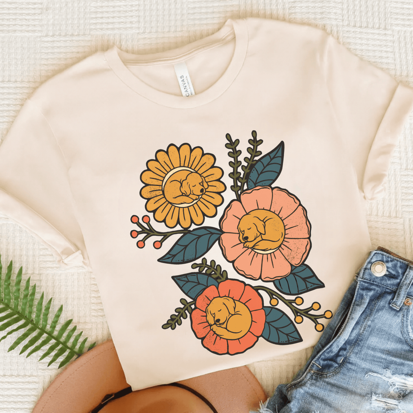 Golden Retriever Sleeping Flowers Unisex TShirt Natural