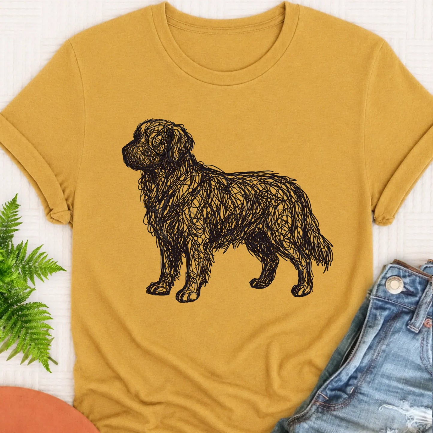 T-Shirt Mustard / S Golden Retriever Squiggle Line Art Unisex Tshirt