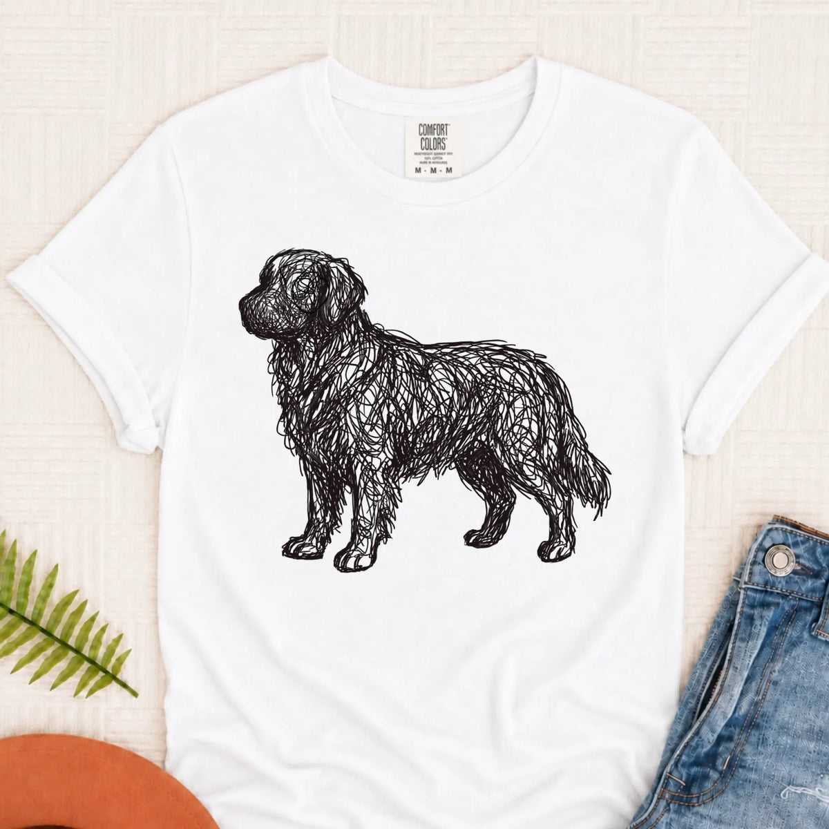 Golden Retriever Squiggle Line Art Unisex Tshirt White