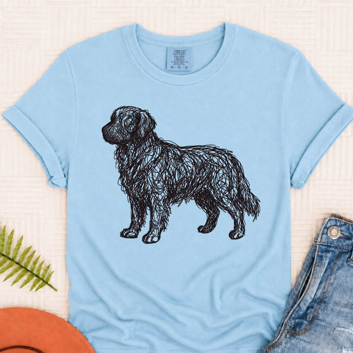 Golden Retriever Squiggle Line Art Unisex Tshirt Chambray