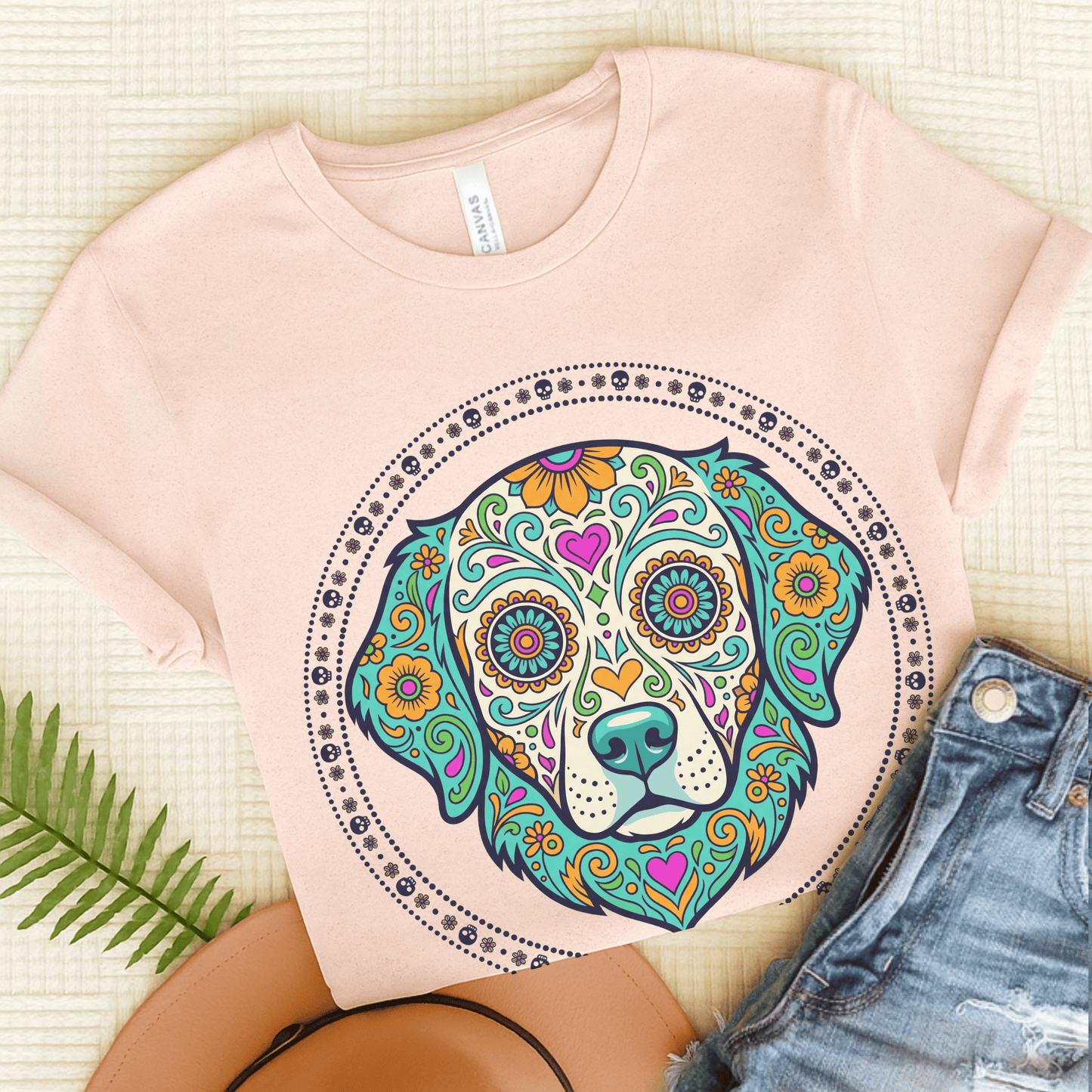 Golden Retriever sugarskull Unisex Tshirt Soft Pink