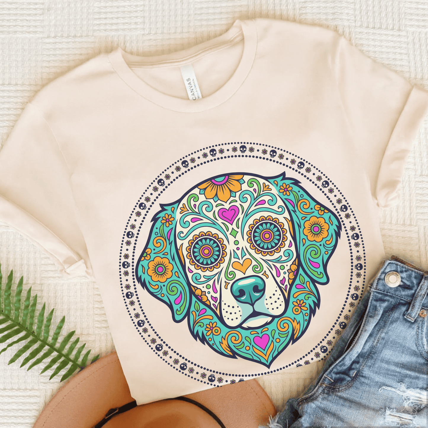 Golden Retriever sugarskull Unisex Tshirt Natural