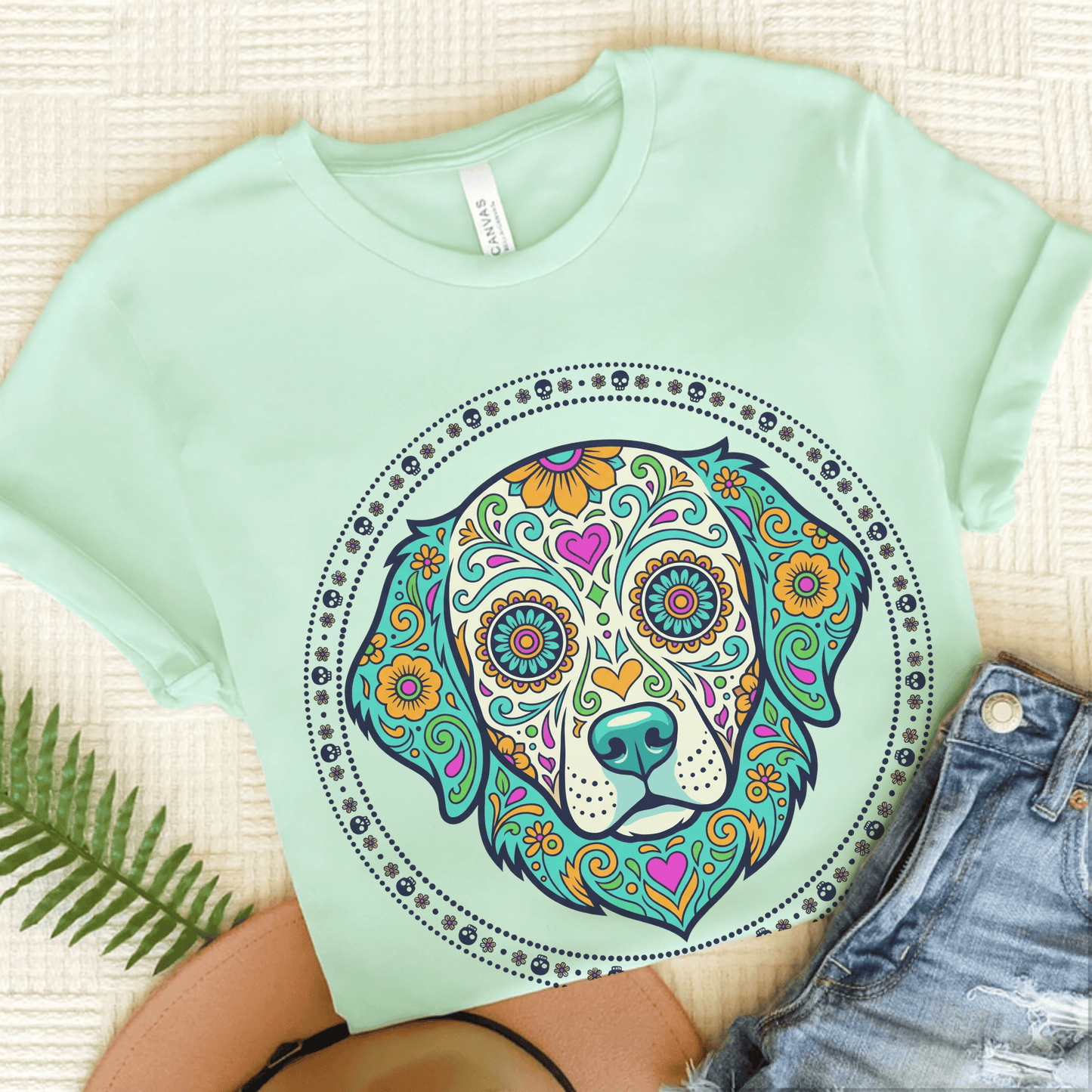Golden Retriever sugarskull Unisex Tshirt Heather Mint