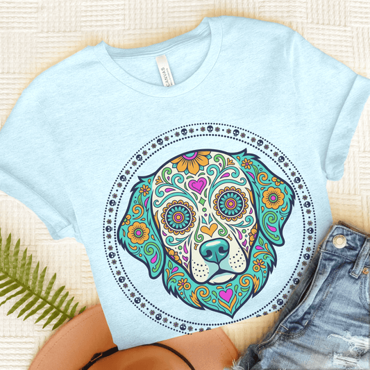 Golden Retriever sugarskull Unisex Tshirt Heather Ice Blue