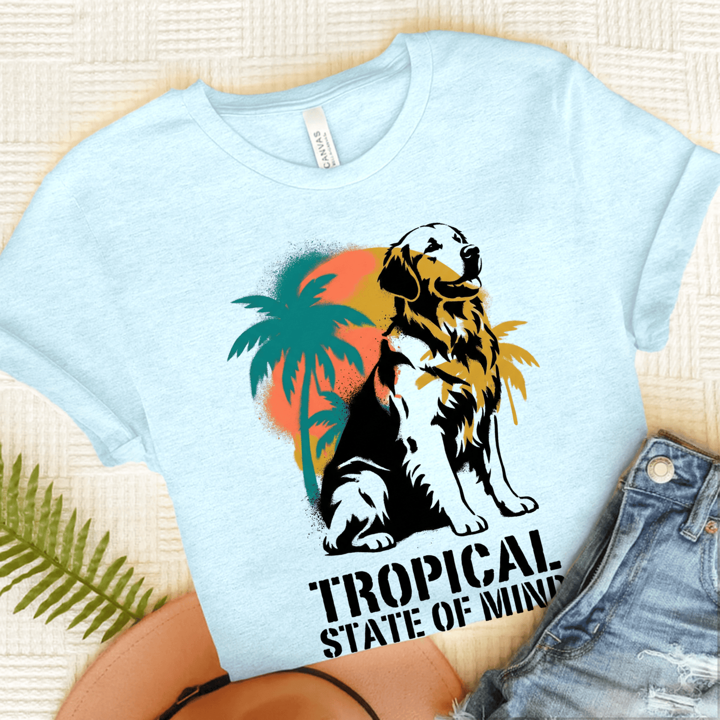 Golden Retriever Tropical Vacation Unisex TShirt Heather Ice Blue