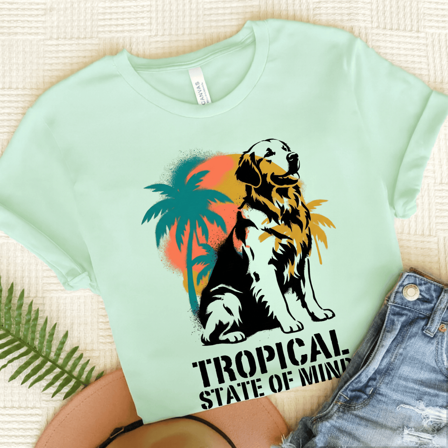 Golden Retriever Tropical Vacation Unisex TShirt Heather Mint
