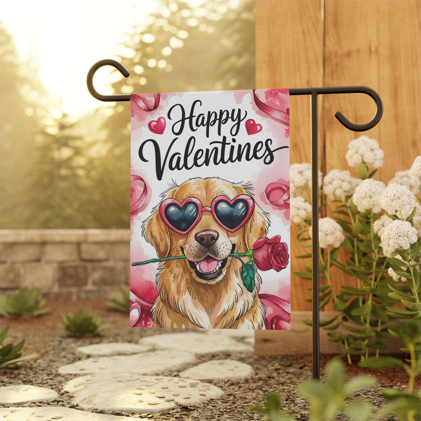 Printify Home Decor Golden Retriever Valentines Day Home Garden Flag, Funny Farmhouse Flower Outside Yard Decor