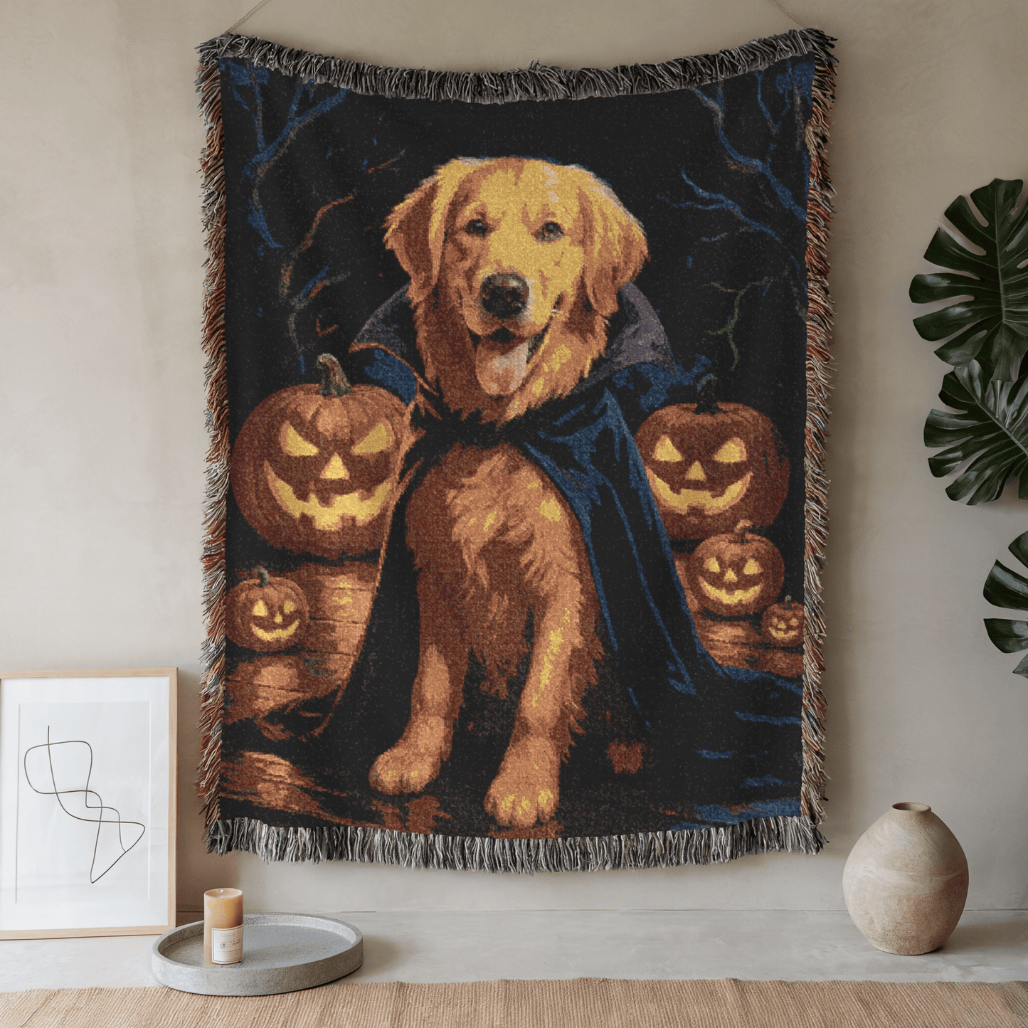 Golden Retriever Vampire Woven Blanket 80" × 60"