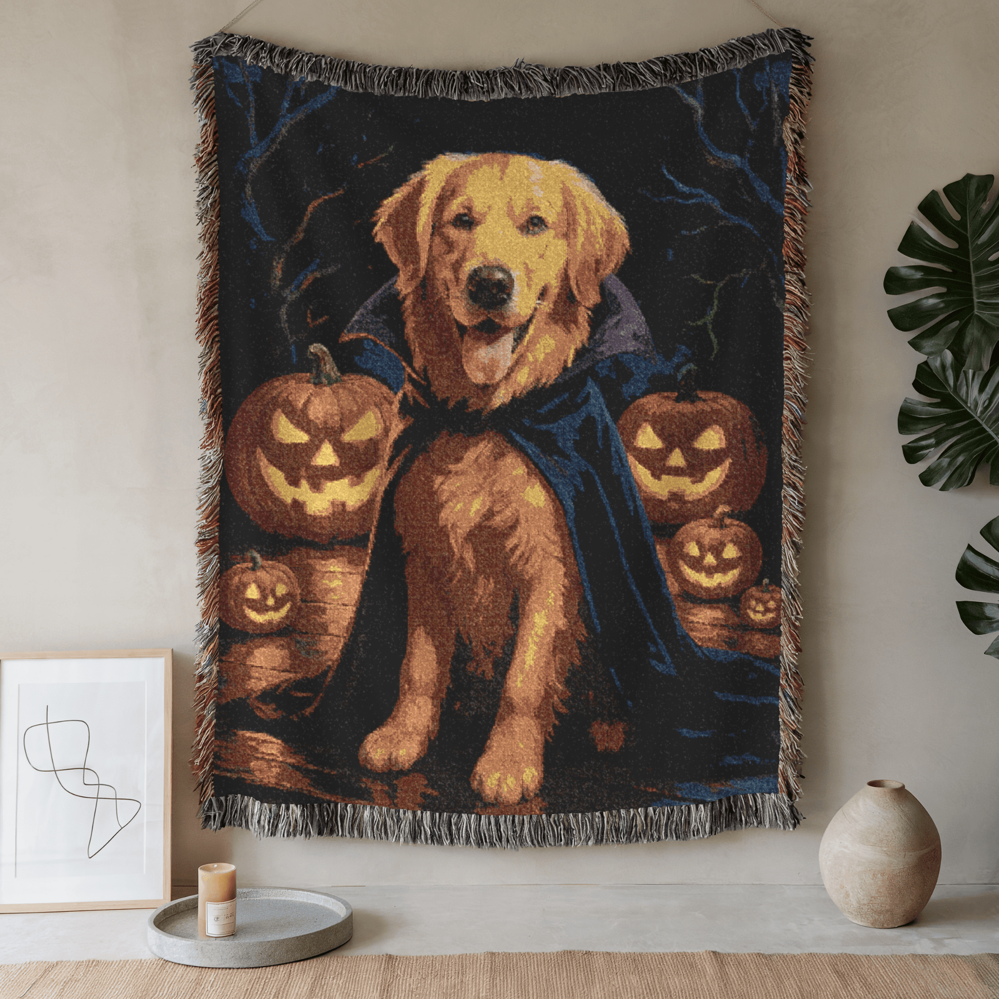 Golden Retriever Vampire Woven Blanket 80" × 60"