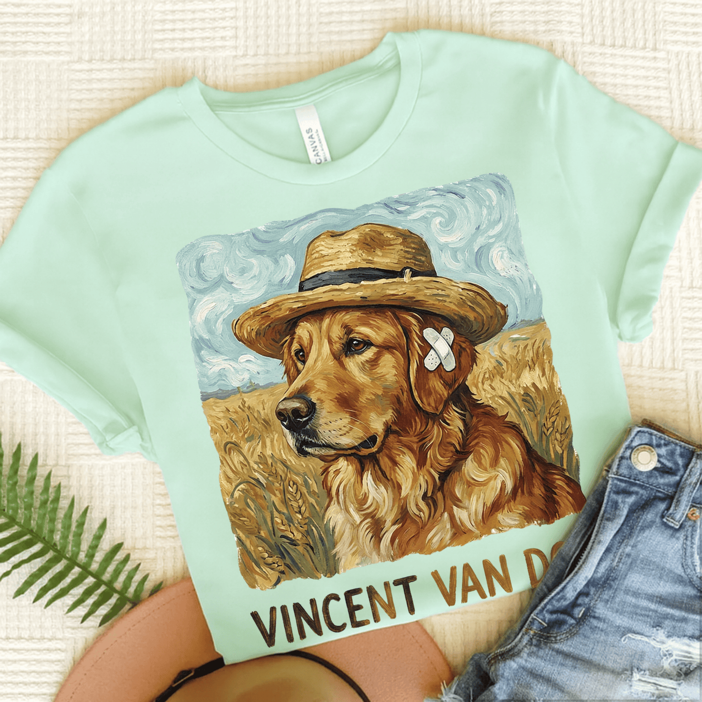 Golden Retriever Van Gogh Dog Unisex Tshirt Heather Mint