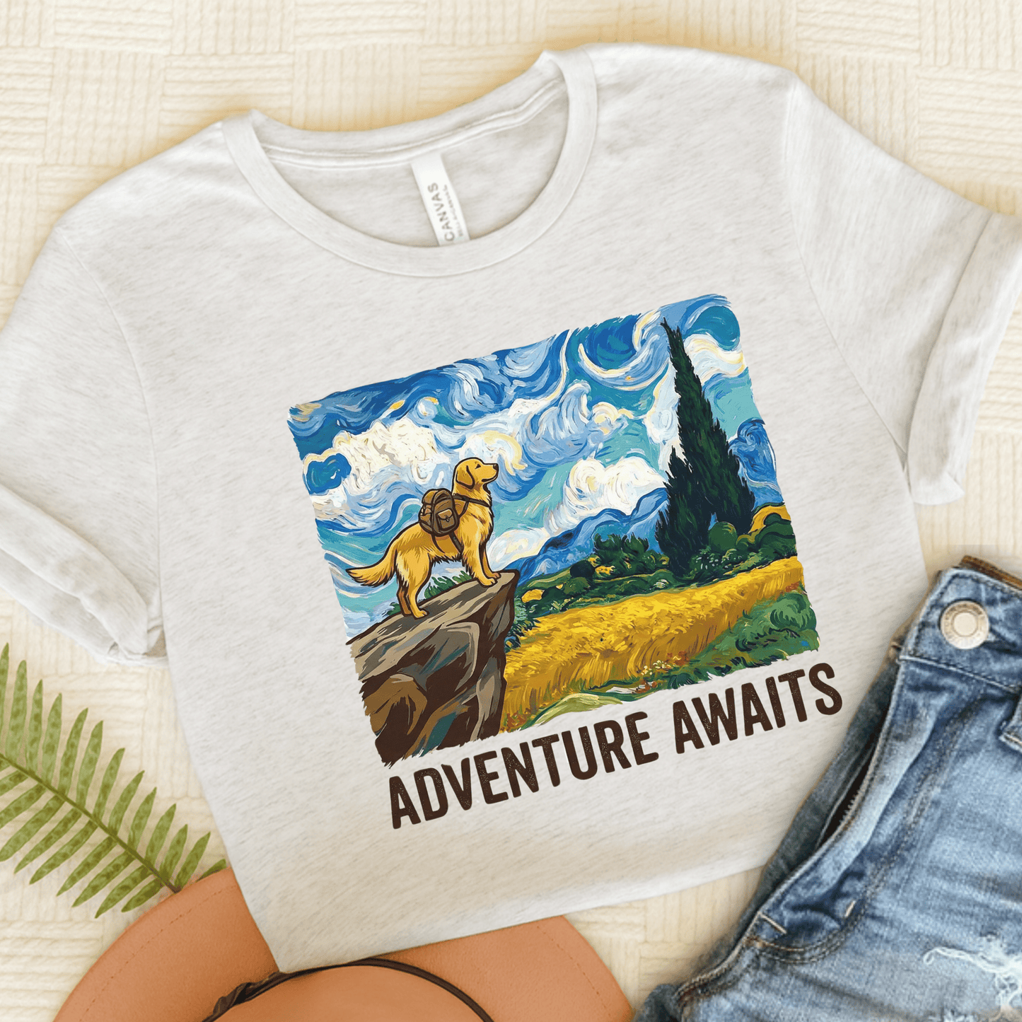 Golden Retriever Van Gogh Travel Unisex TShirt Ash
