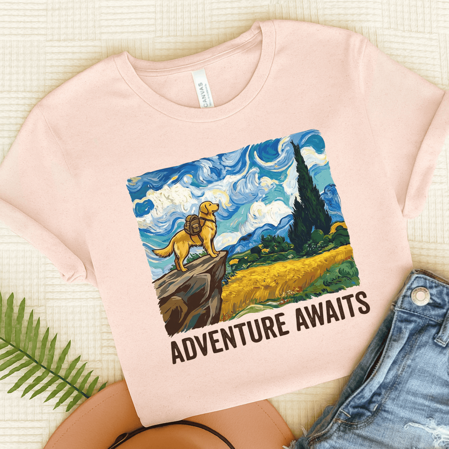 Golden Retriever Van Gogh Travel Unisex TShirt Soft Pink