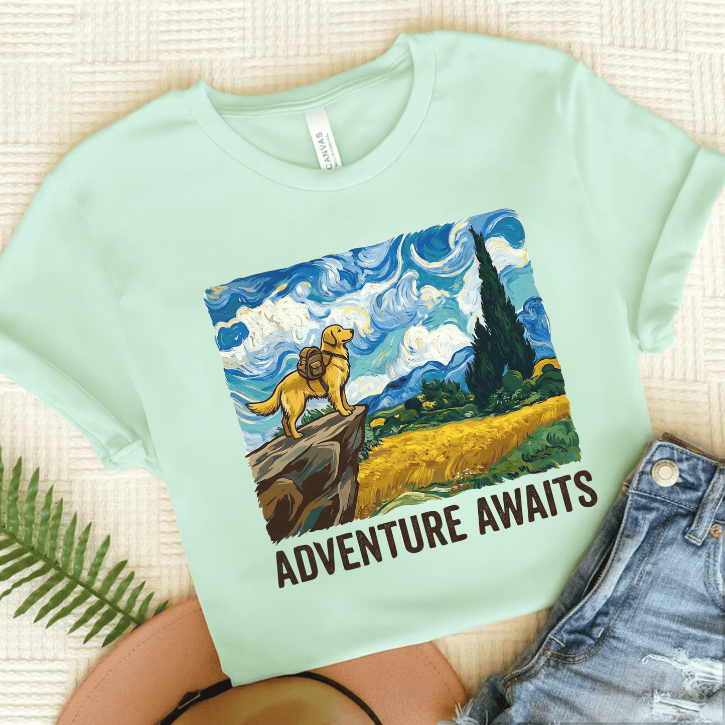 Golden Retriever Van Gogh Travel Unisex TShirt Heather Mint