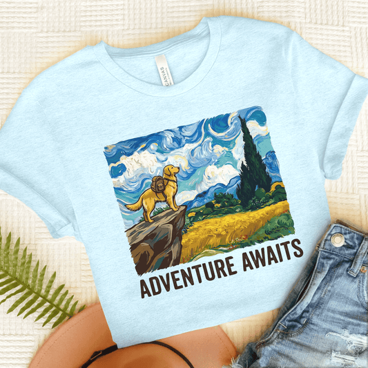 Golden Retriever Van Gogh Travel Unisex TShirt Heather Ice Blue