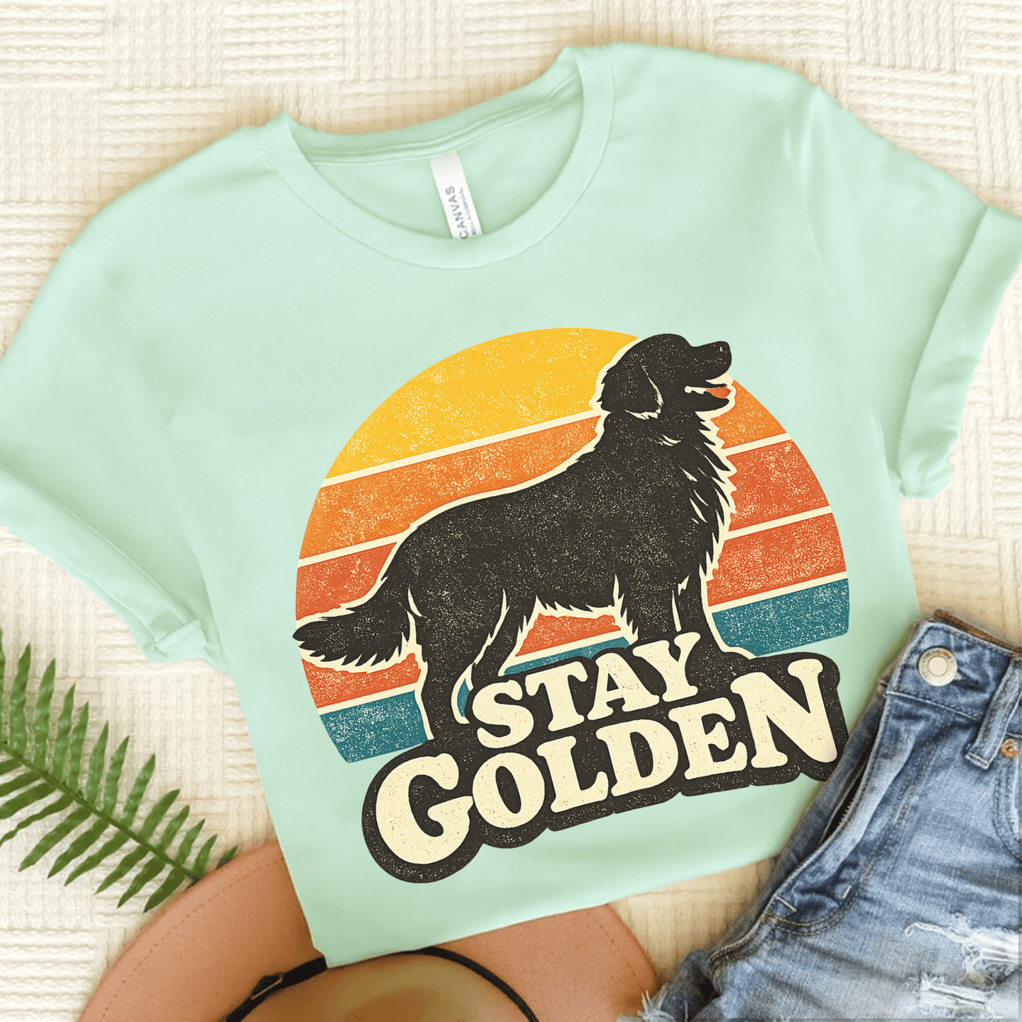 Golden Retriever Vintage Sunrise Unisex Tshirt Heather Mint