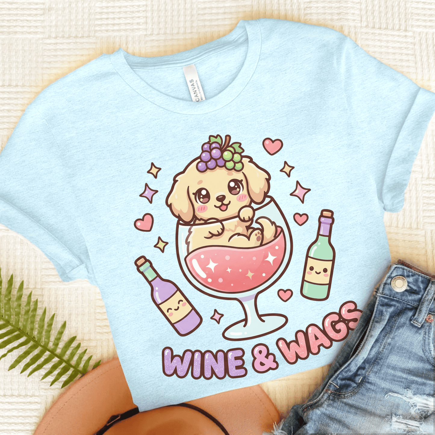 Golden Retriever Wine and Wags Unisex Tshirt Heather Ice Blue
