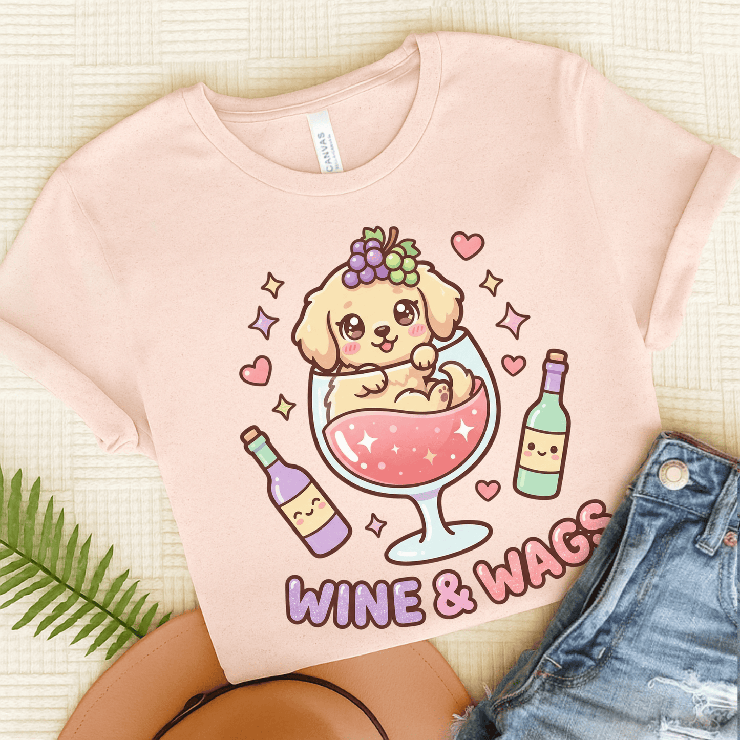Golden Retriever Wine and Wags Unisex Tshirt Soft Pink