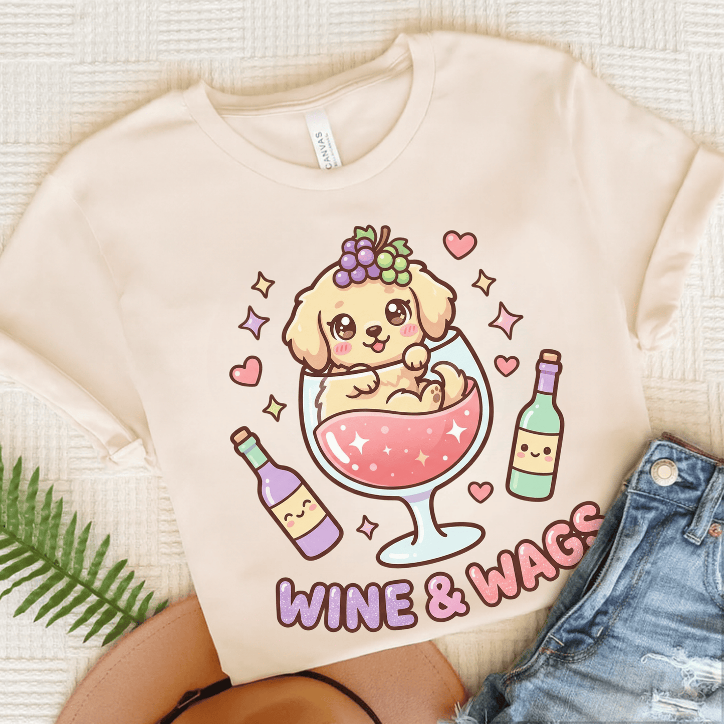 Golden Retriever Wine and Wags Unisex Tshirt Natural