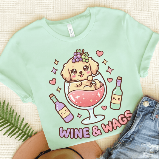 Golden Retriever Wine and Wags Unisex Tshirt Heather Mint